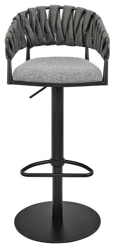 Adjustable Counter or Bar Stool in Black Metal with Gray Fabric and Faux Leather
