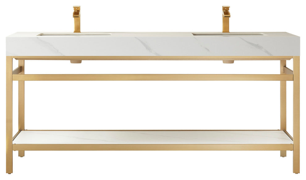 Funes Bath Vanity without Mirror, Brushed Gold Hardware, 72'', White Stone Top