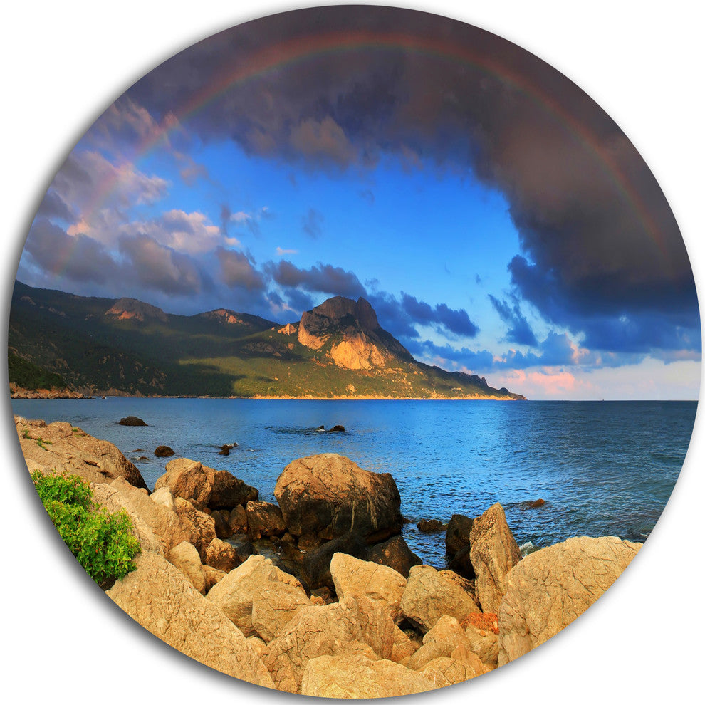 Rainbow Over The Ocean Bay, Modern Seascape Round Wall Art, 23"