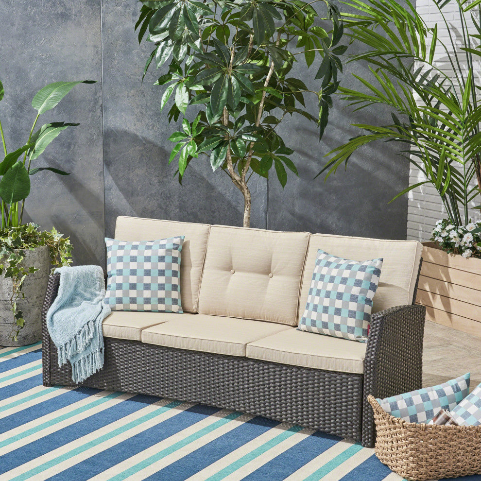 GDF Studio Amigo Outdoor 3-Seater Wicker Sofa With Beige Cushions, Dark Brown/Be