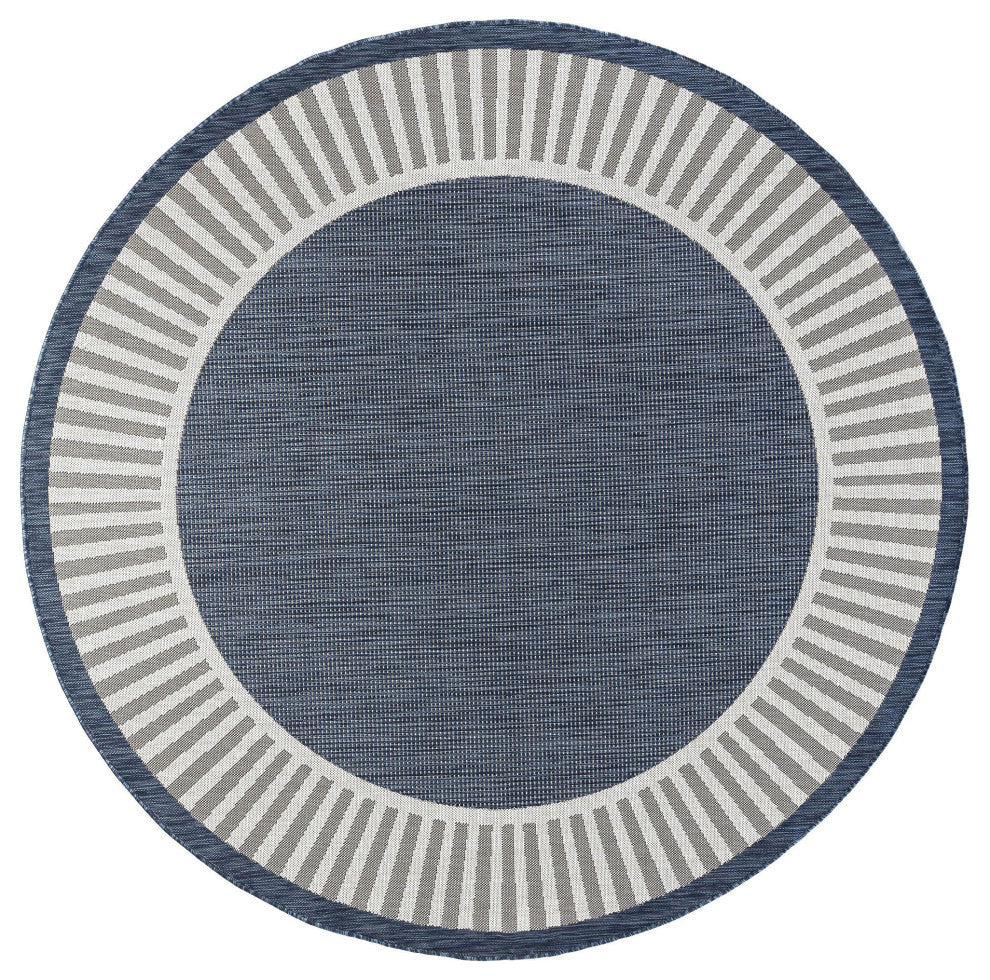 Elgin Transitional Striped Border Navy/Cream Round Indoor/Outdoor Area Rug, 8'