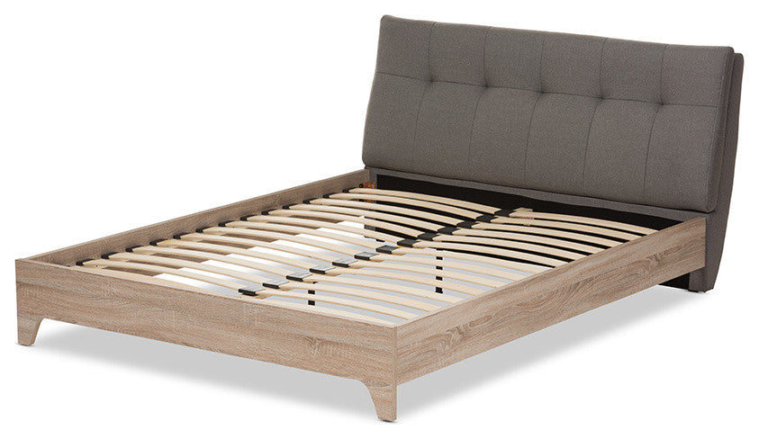 Adelia Mid-Century Light Gray Whitewash Queen Size Platform Bed