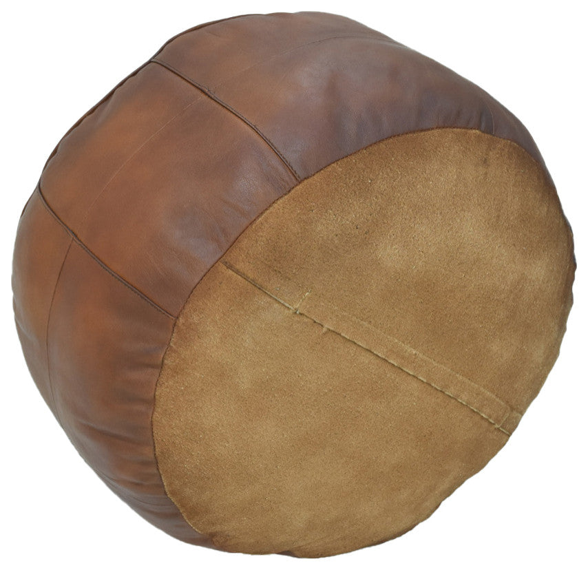 Geometric Handmade Leather Pouf, Recycled Foam With Fiber Fill, Cognac Color, Round, 21x21x12