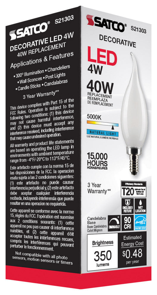 4W CA10 LED, Frost, Candelabra Base, 90 CRI, 5000K, 120V