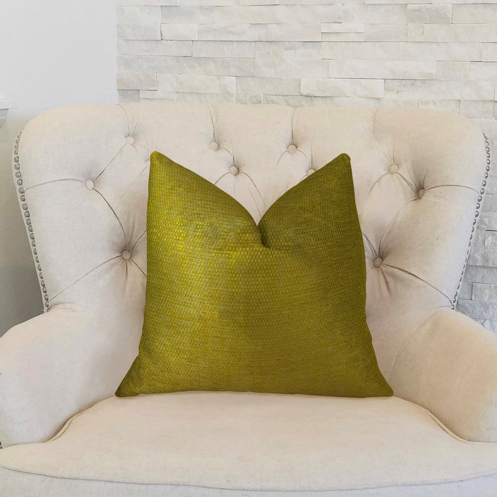 Deep Lemon Grass Metallic Citrine and Gold Handmade Luxury Pillow, 22"x22"