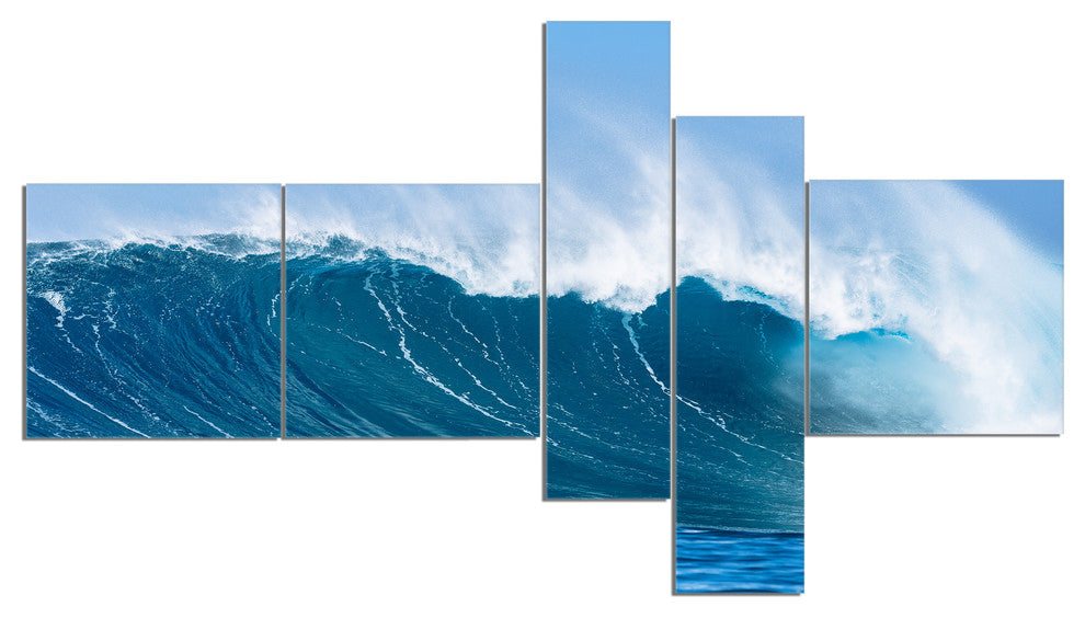 Sky Hitting Ocean Waves, Seascape Canvas Art Print, 60"x32", 5 panels
