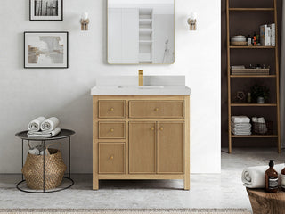 Sonoma 36 Center Sink Bath Vanity in Light Natural Teak with 2" Carrara Quartz