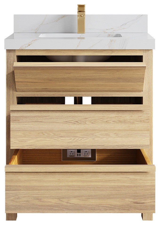 Elizabeth Oak 30" Single Sink Vanity, White 2" Calacatta Sienna