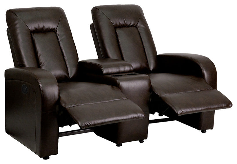 2-Seat Push Button Motorized Reclining Brown Leather Theater Seating
