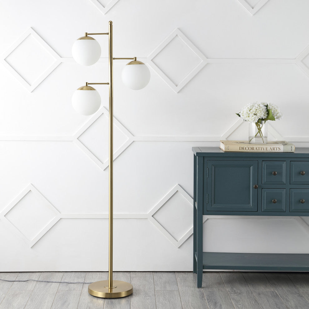 Ellie 66" 3-Light Modern Vintage Iron LED Floor Lamp, Brass Gold/White