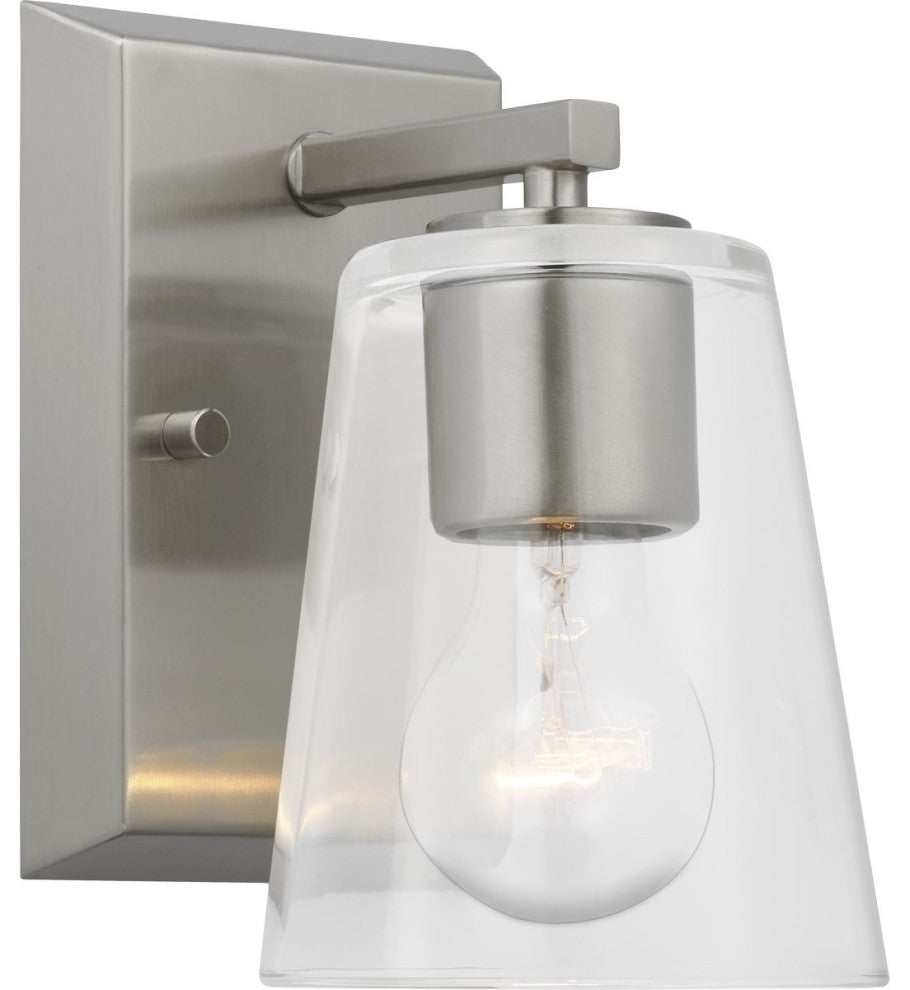 Vertex Collection One-Light Brushed Nickel Clear Glass Contemporary Bath Light
