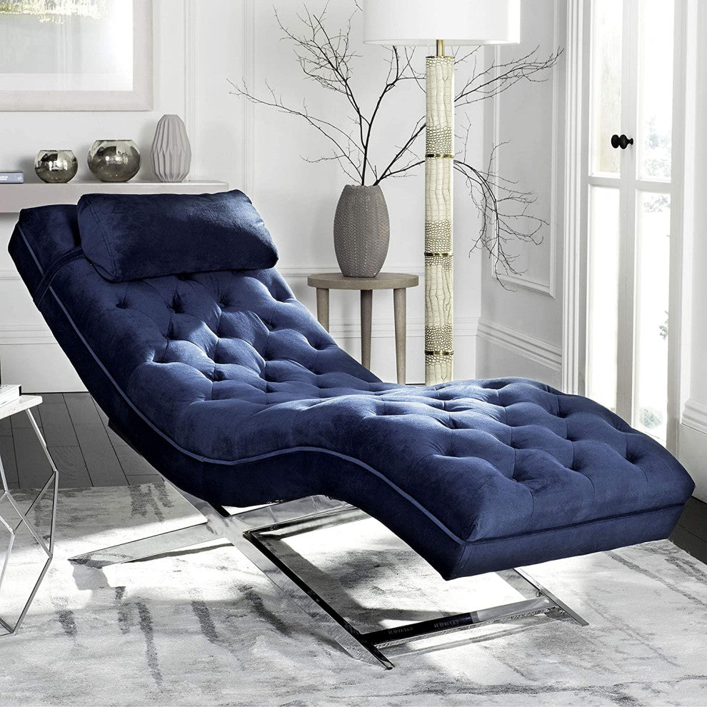 Navy Velvet and Chrome Chaise with Headrest Pillow