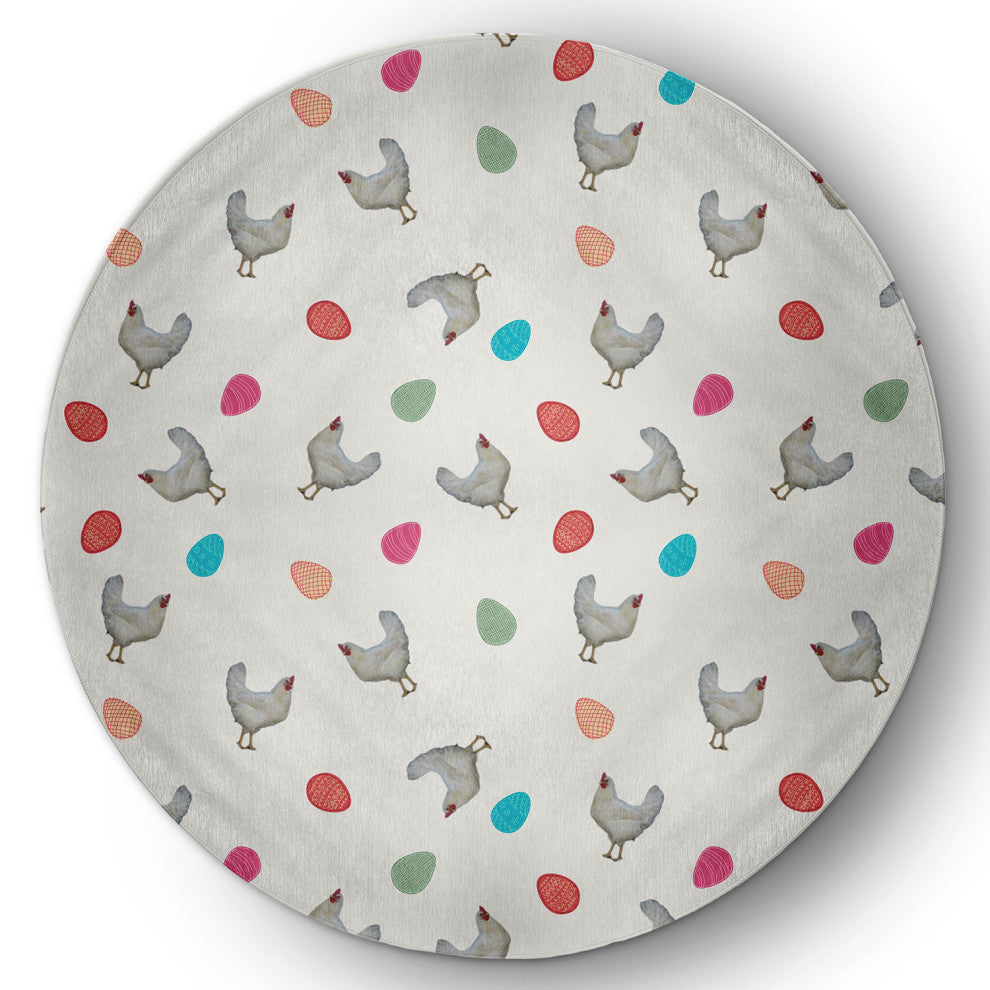 Chickens and Eggs Easter Chenille Rug, Whisper White, 5' Round