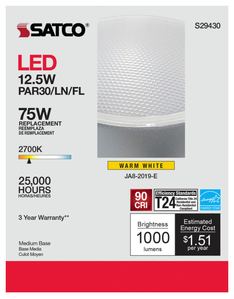 12.5 Watt PAR30LN LED 2700K 40 Degree Beam Angle Medium Base 120 Volt