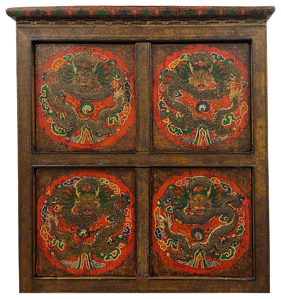 Consigned Antique Tibetan Painted Dragon Tall Cabinet