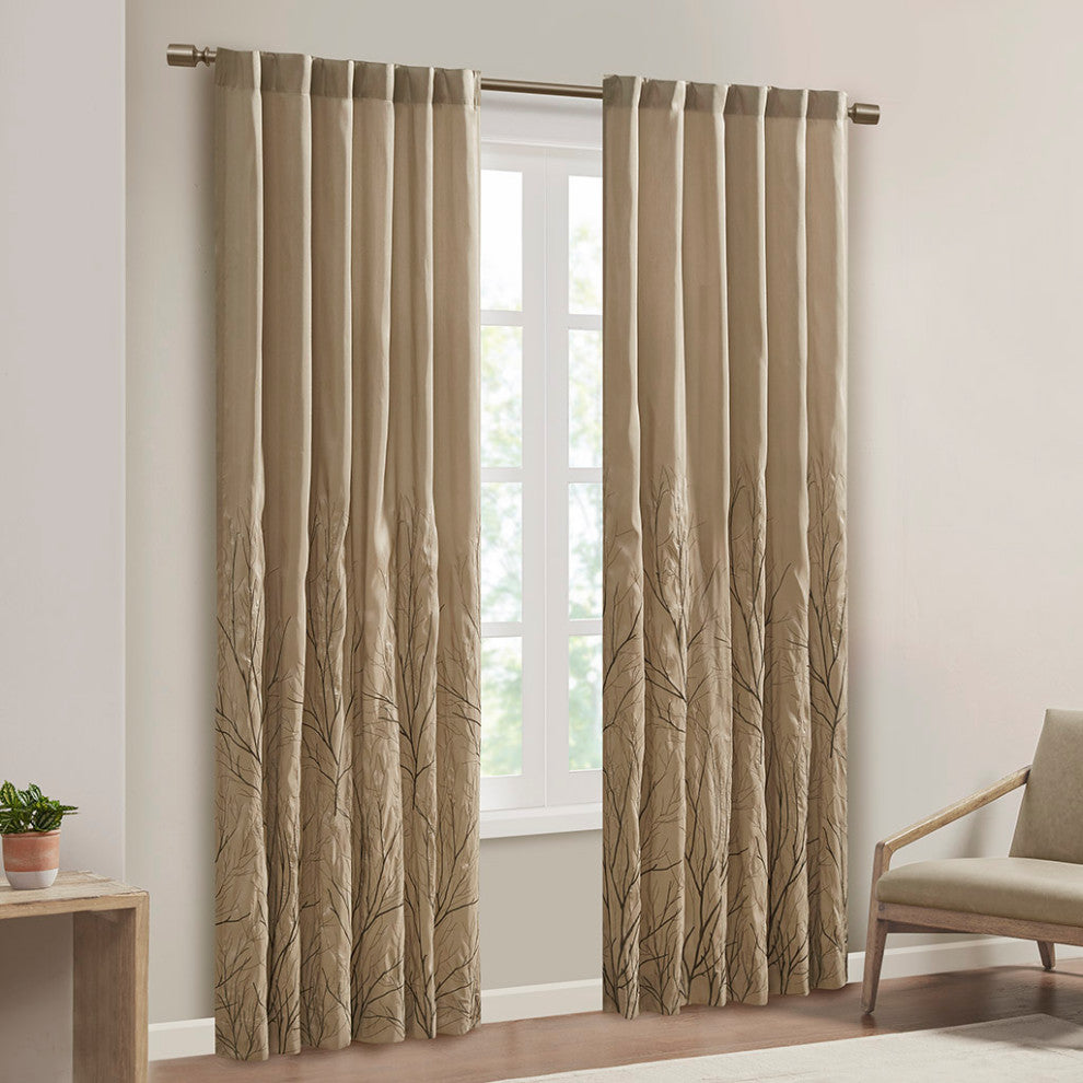 Madison Park Andora Embroidered Branches Faux Silk Window Panel, Blue, Tan, 95"