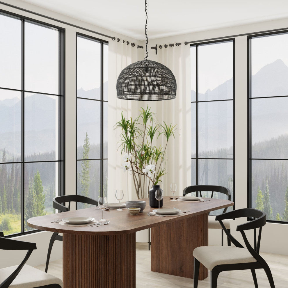 Luhu Open Weave Cane Rib Dome Pendant Lamp, Black