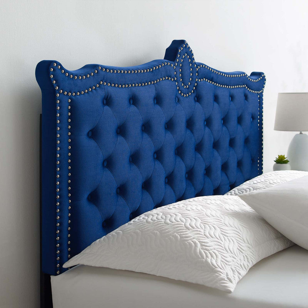 Platform Bed Frame, Nailhead, Queen Size, Blue Navy, Velvet, Modern