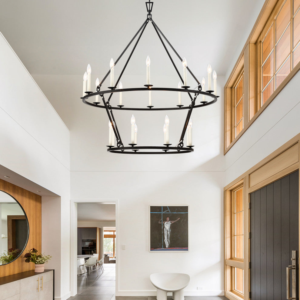 Candle Style Wagon Wheel Chandelier, Black, 20-Light