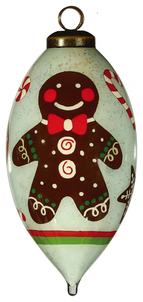 Festive Glitter Gingerbread Man Hand Painted Mouth Blown Glass Ornament