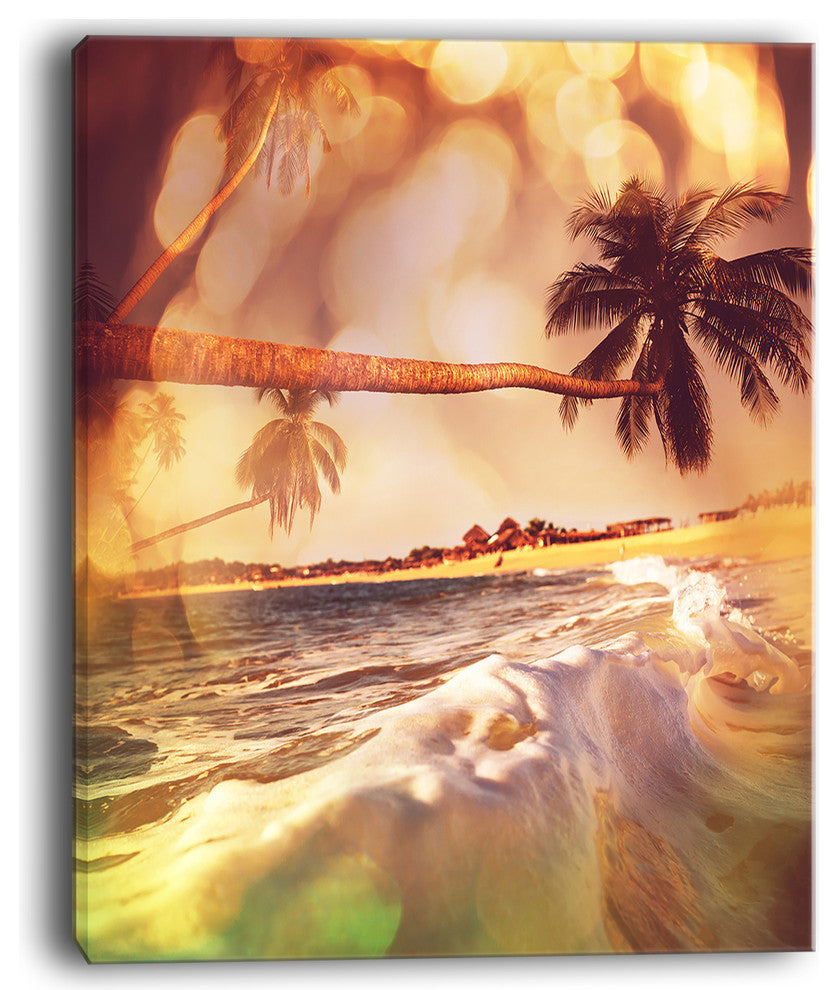"Tropical Beach With Bent Coconut Palms" Modern Beach Canvas Art Print, 12"x20"