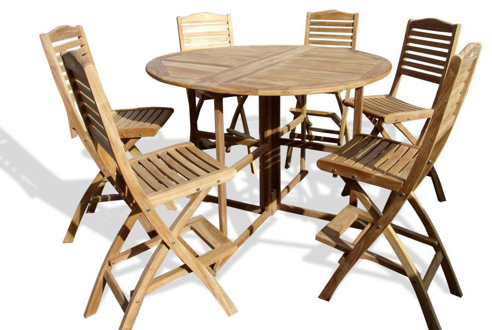 Grade A Teak 59" Round Folding Bar Table With 6 Folding Bar Chairs