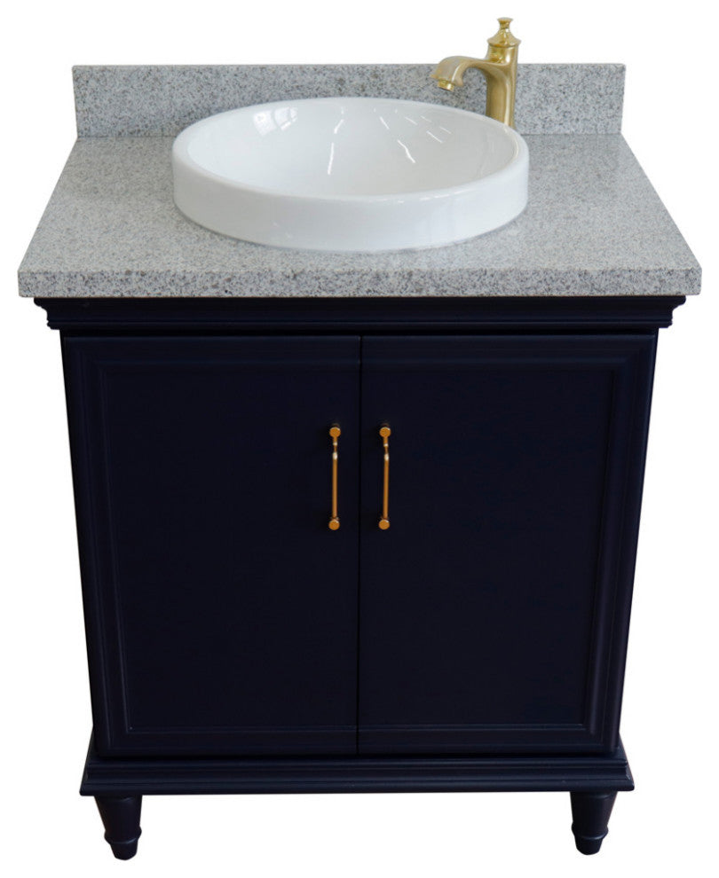 31" Single Vanity, Blue Finish With Gray Granite And Round Sink