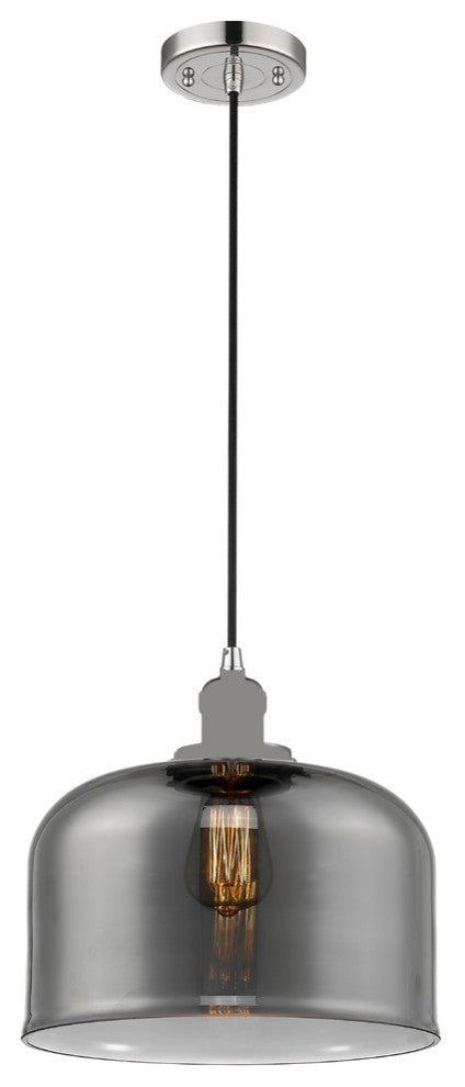 1-Light Large Bell 12" Pendant, Polished Nickel, Glass: Plated Smoked