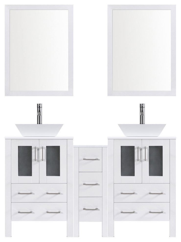 Modern Bathroom Vanity Set With Mirror and Sink, White, 84"