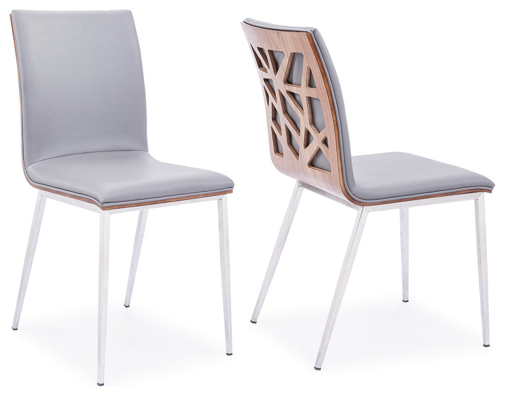 Crystal Dining Chair in Brushed Stainless Steel w/ Gray Faux Leather - Set of 2