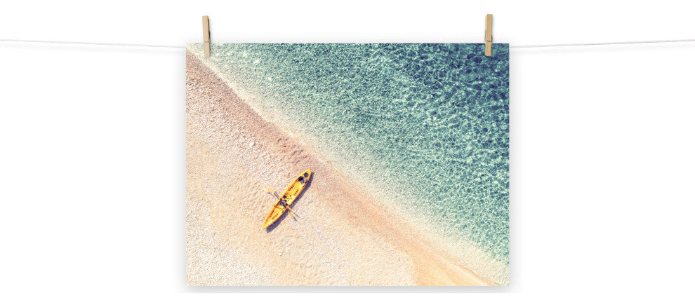 Yellow Canoe & Blue Sea with Soft Violet Effect Landscape Photo Loose Art Print, 18" X 24"