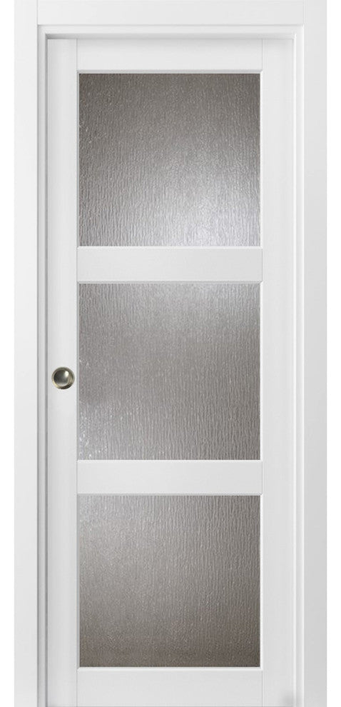Sliding Pocket Door 36 x 80, Lucia 2588 White & Rain Glass, Rails