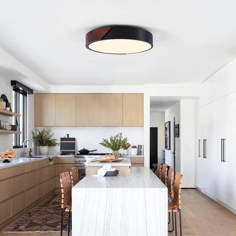 2 Light Modern Flush Mount Ceiling Light, Wood, Close To Ceiling