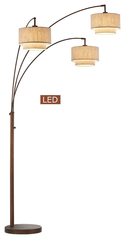 LumiereIII LED Arched Floor Lamp Double Layer Shade, Dimmer, Antique Bronze, 80"