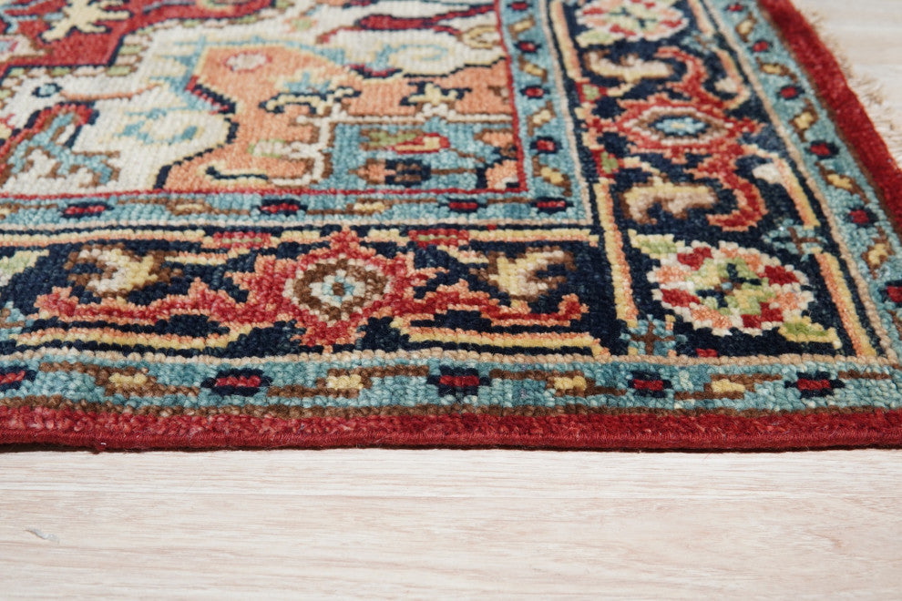 Hand Knotted Wool Red/Navy Traditional Classic Heriz Serapi Rug, 6'x9'