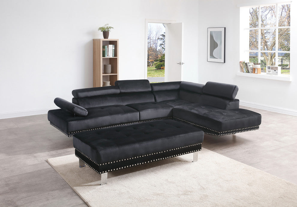 Derek 109" W 2 Piece Velvet L Shape Sectional Sofa, Black
