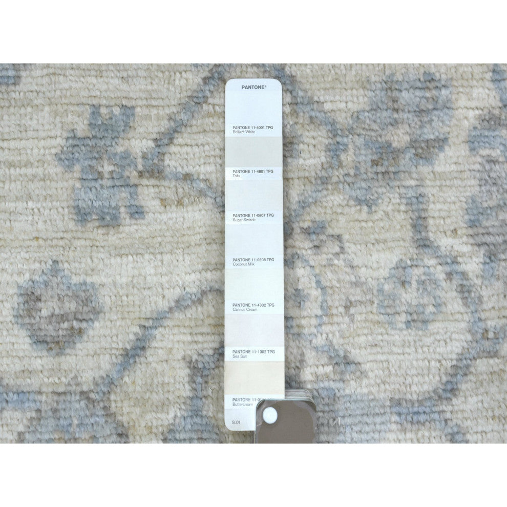Ivory Angora Oushak Soft Colors Leaf Design Hand Knotted Wool Rug, 4'1"x6'1"