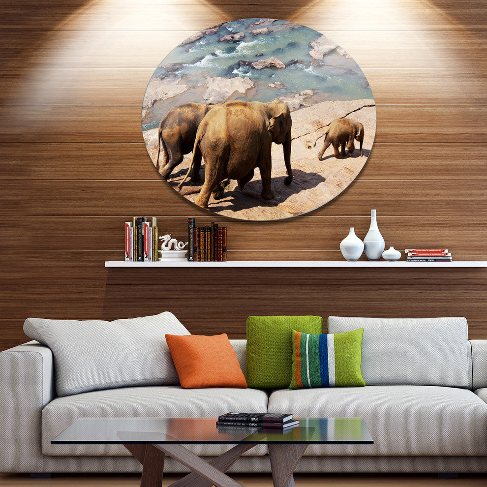 Parade Of Elephants In Sri Lanka, African Art Disc Metal Artwork, 23"