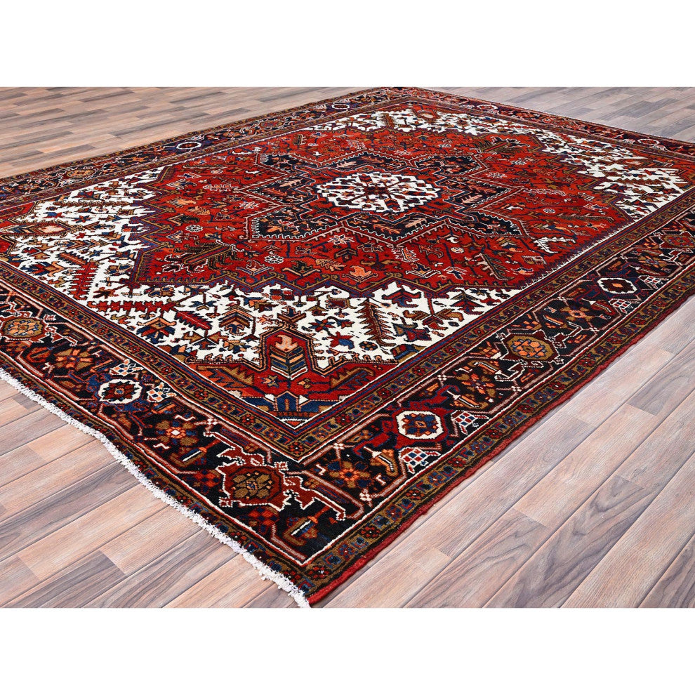 Tomato Red Pure Wool Hand Knotted Semi Antique Persian Heriz Rug 8'5"x10'9"