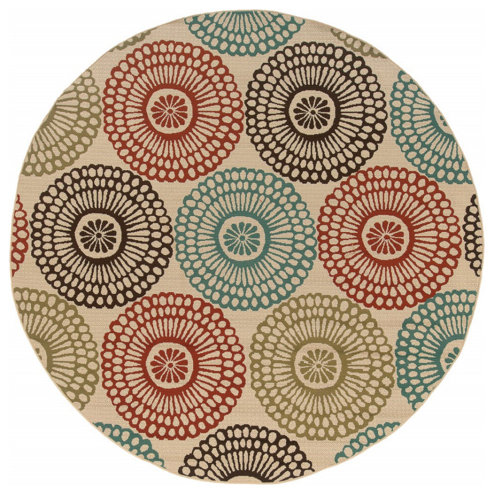8" Round Beige and Blue Medallion Indoor Outdoor Area Rug