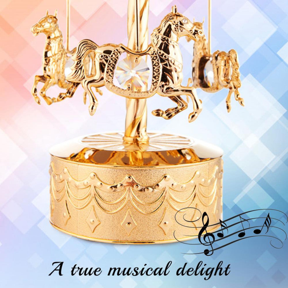 24K Gold Plated Music Box With Crystal Studded Carousel Horse Figurine