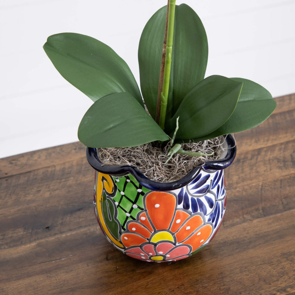 26" Artificial Orchid Arrangement, Handmade Mexican Talavera Ceramic Planter