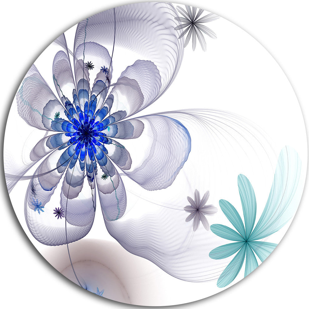 Blue And Grey Symmetrical Fractal Flower, Floral Round Wall Art, 11"