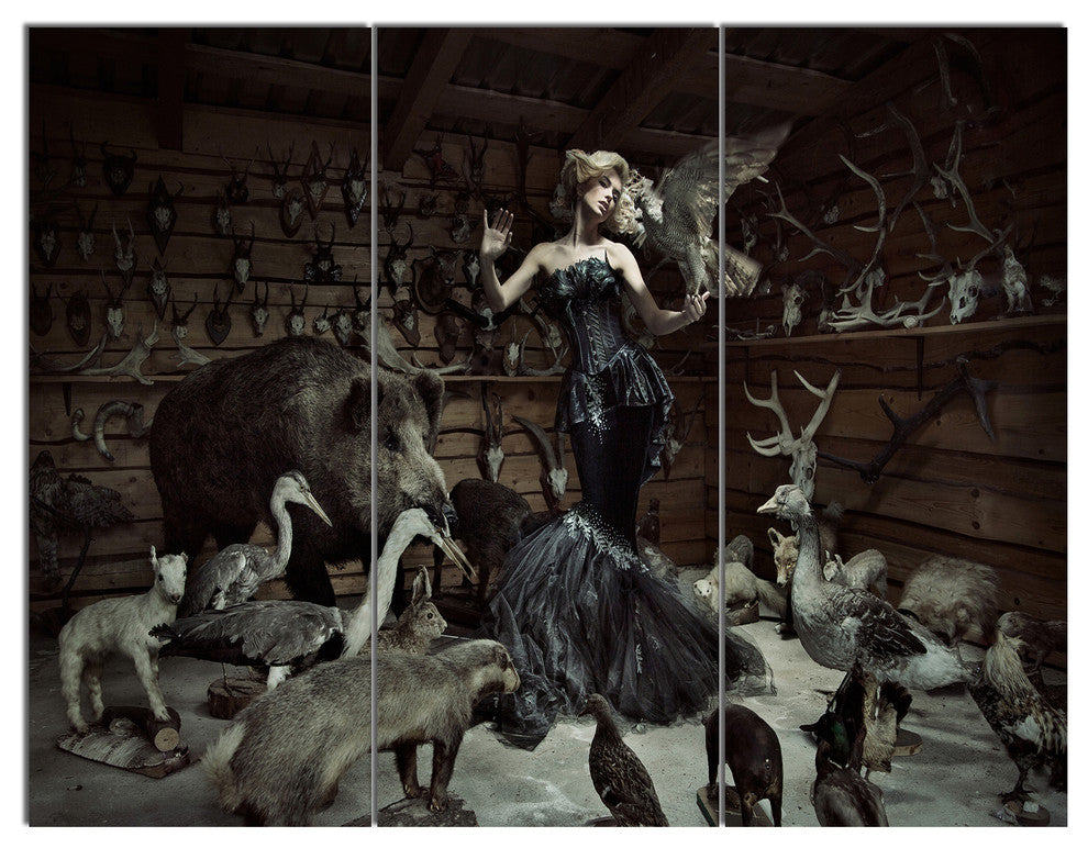 Woman Among Wild Animals, Animal Triptych Canvas Art Print, 36x28, 3 Panels