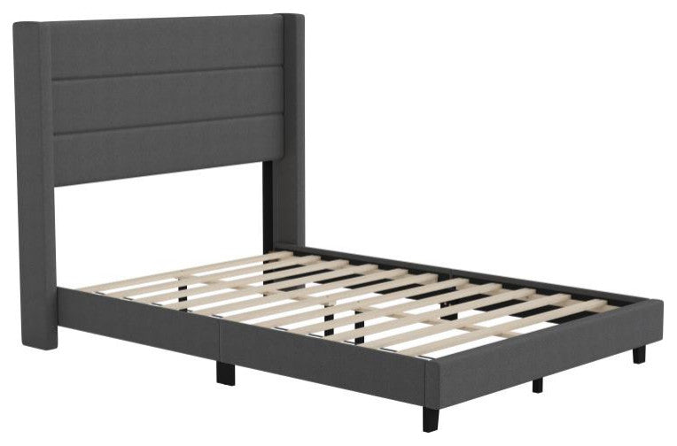 Hollis Upholstered Platform Bed with Wingback Headboard w/Mattress Foundation, Charcoal, Full