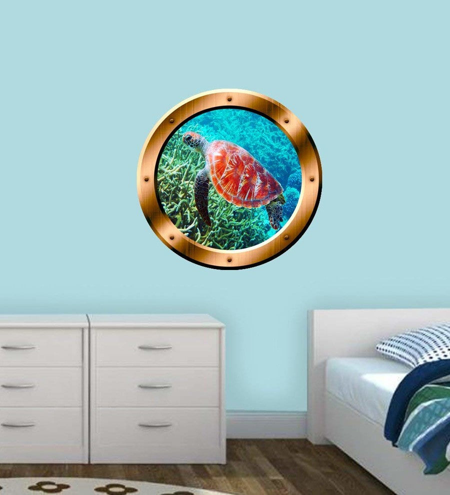 VWAQ Sea Turtle Porthole 3D Sticker, 14" Diameter