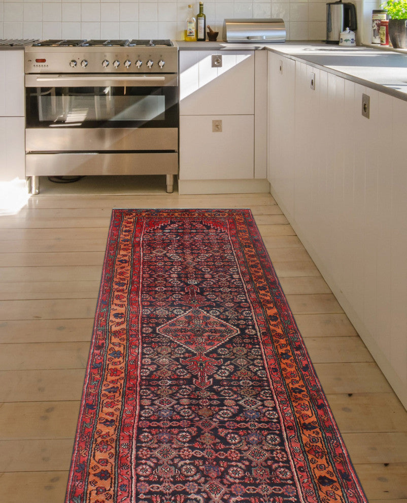 Fine Vintage Distressed Damilett Charcoal/Beige Runner, 3'4x14'1