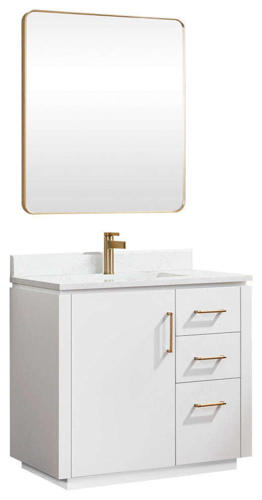 San Bath Vanity with Stone Top, White, 36", Single Vanity, With Mirror