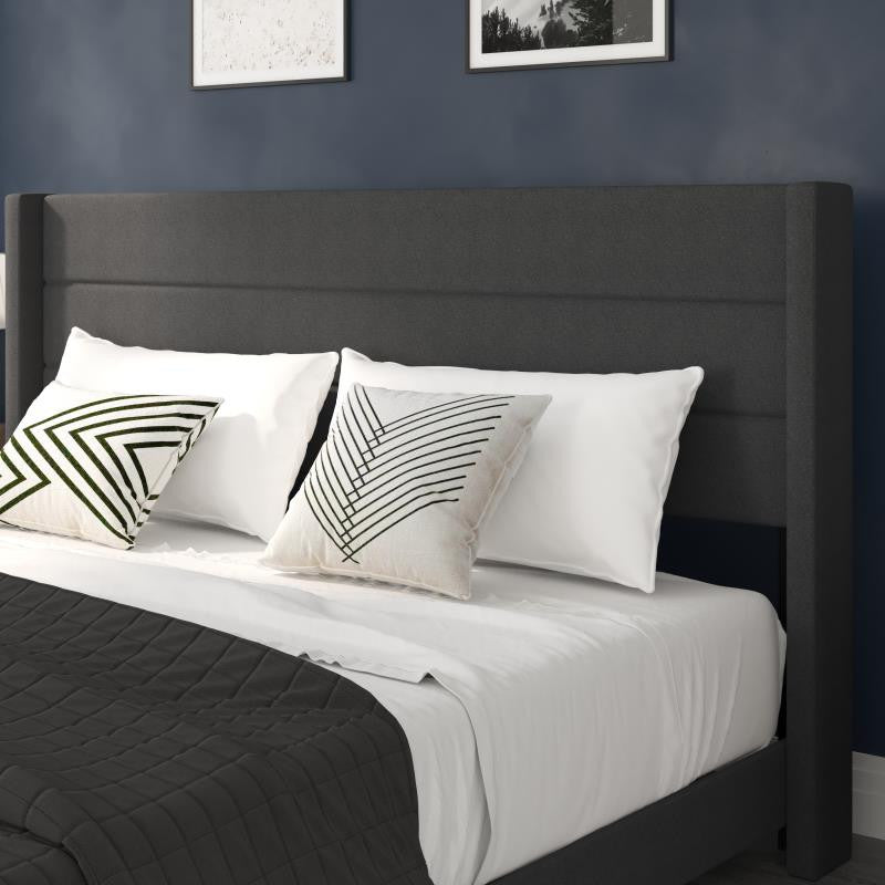 Hollis Upholstered Platform Bed with Wingback Headboard w/Mattress Foundation, Charcoal, King