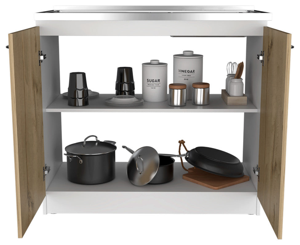 Interior view with cabinet doors open, white background, close-up of storage features.